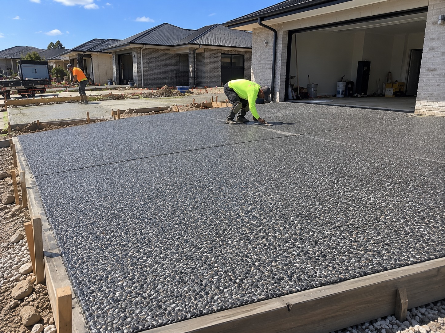 Concreters finishing a new exposed aggregate driveway in Hobart