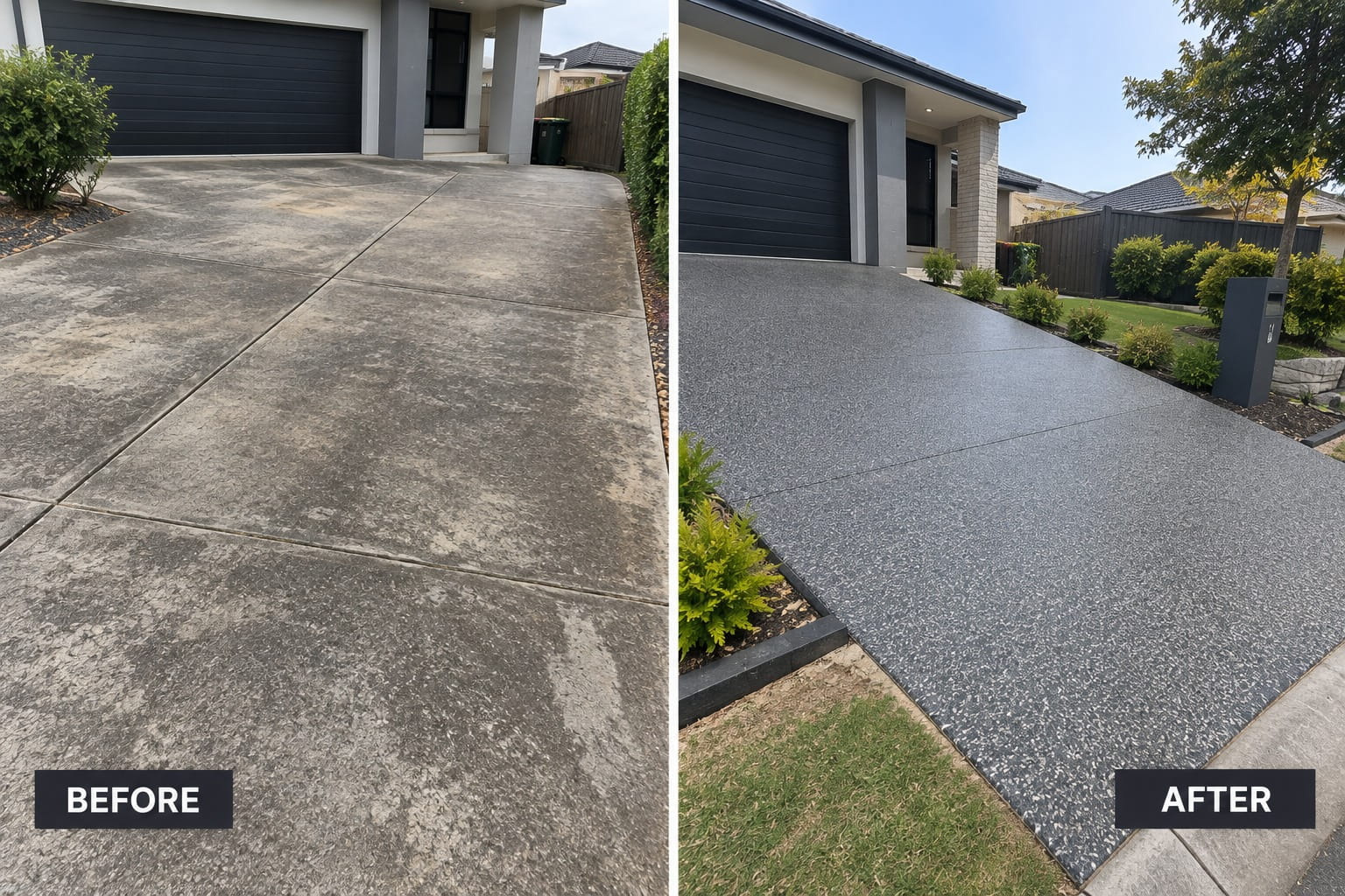 Before and after in Hobart — a stained, weathered driveway transformed with exposed aggregate
