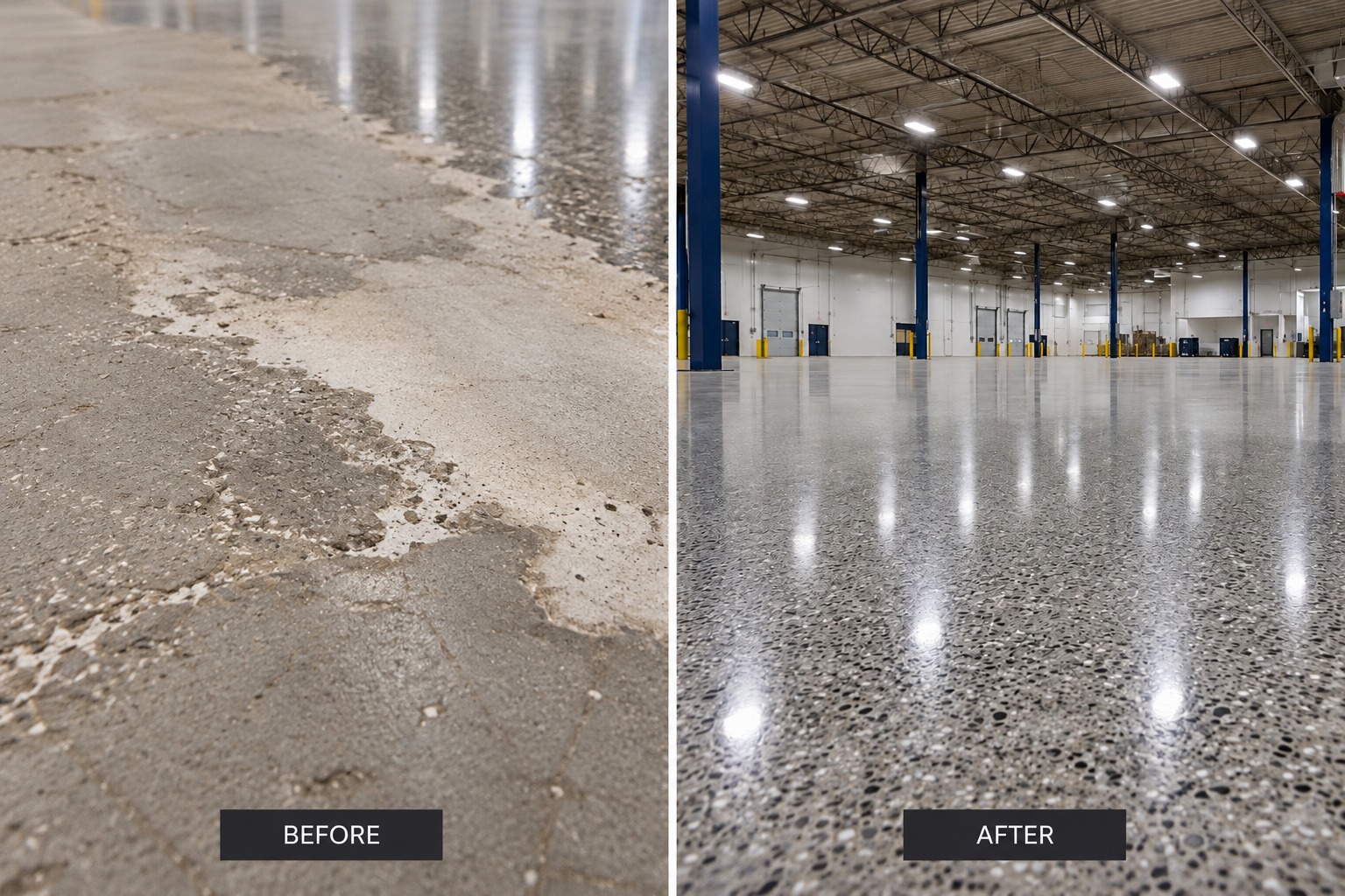 Before and after in Hobart — a worn, patchy warehouse slab ground and polished to a high sheen